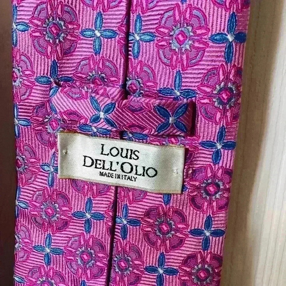 LOUIS DELL’OLIO Made in Italy 100% Silk Pink & Blue Patterned Necktie - Picture 4 of 6